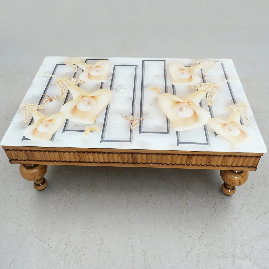 Haryana Traders Designer Glass-Top Center Table / Chowki with 3D Pearl Floral Artwork for Home & Living Room