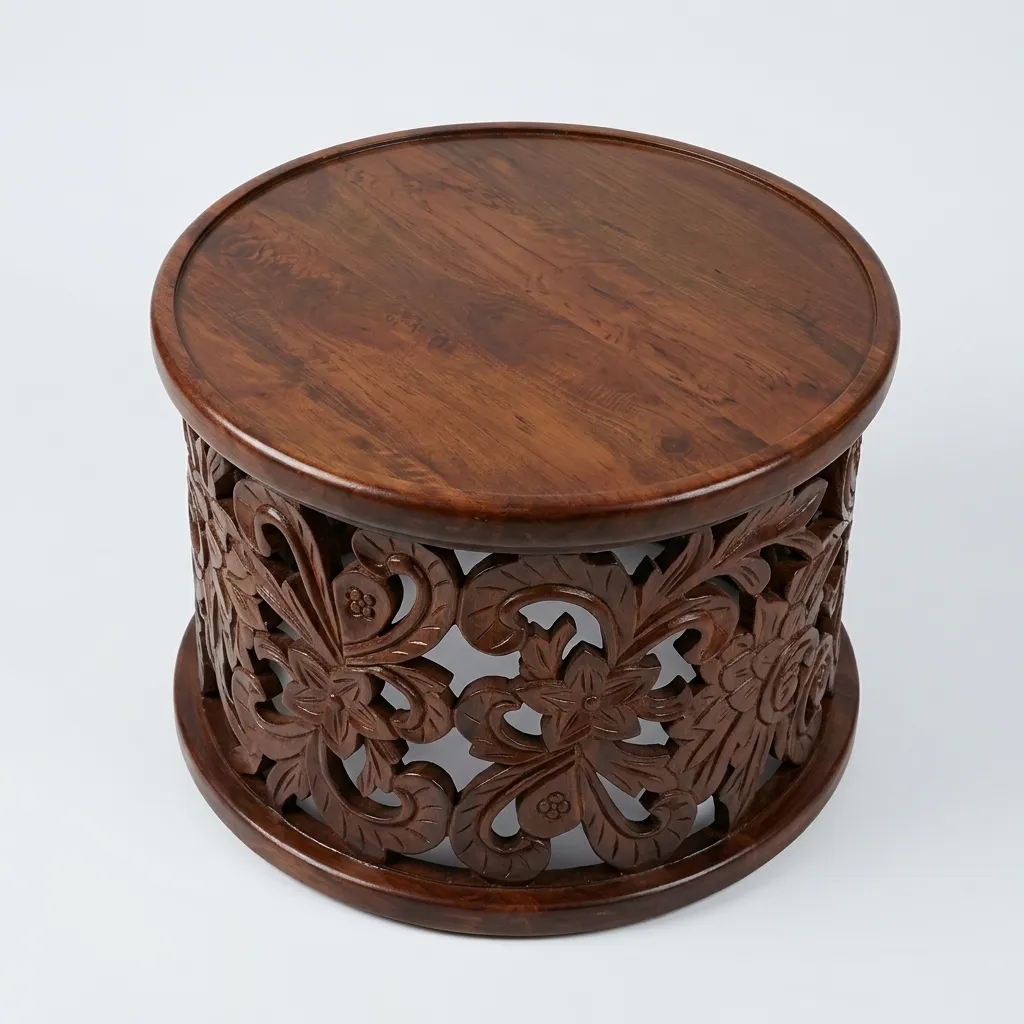 Haryana Traders Traditional Round Wooden End Table for Living Room | Hand-Carved Openwork Base & Smooth Top