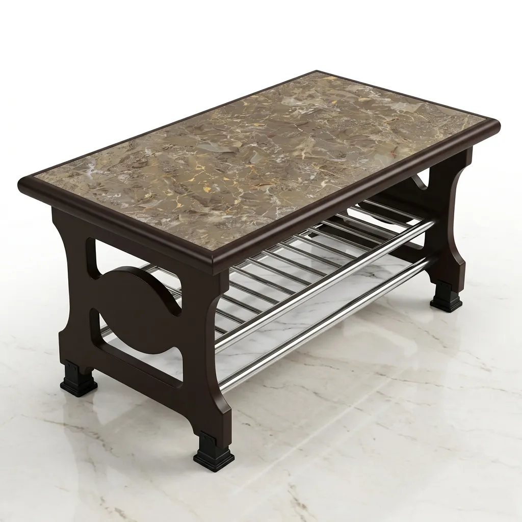 Haryana Traders Luxury Marble-Finish Center Table | Solid Wood Frame with Stainless Steel Storage Rack (Dark Walnut / Brown)