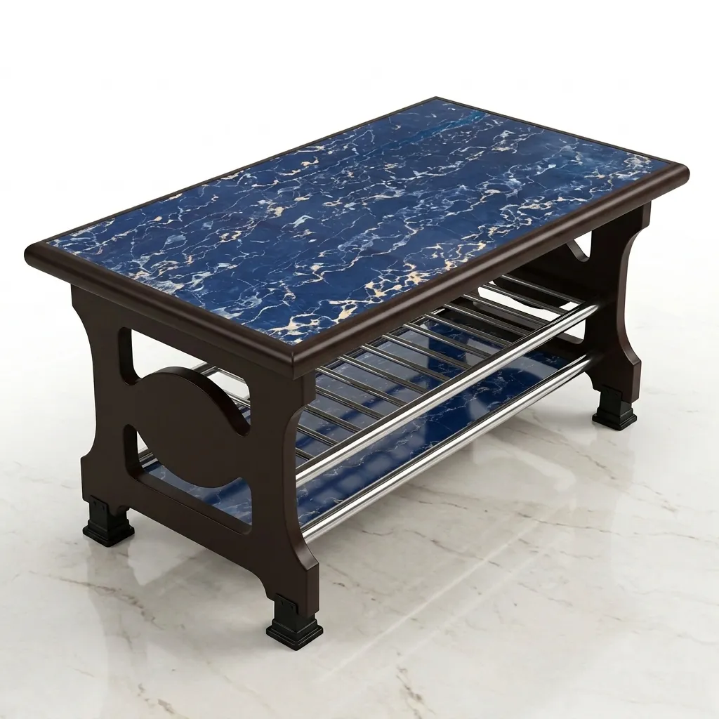 Haryana Traders – Urban Luxe Ocean Blue Marble-Look Center Table with Storage Shelf