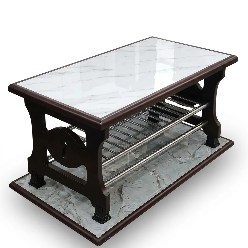 Haryana Traders – Urban Luxe White Stone-Look Multi-Tier Center Table (Dark Walnut Frame)