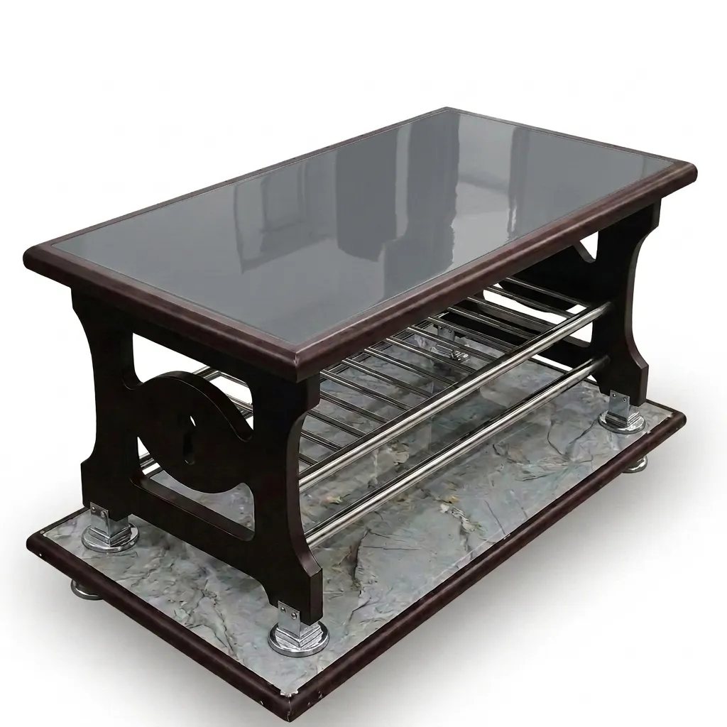 Haryana Traders – Urban Luxe Charcoal & Marble-Texture Multi-Tier Center Table (Dark Walnut Frame)