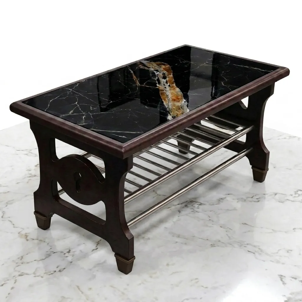 Haryana Traders – Urban Luxe Midnight Gold Stone-Look Center Table with Utility Shelf