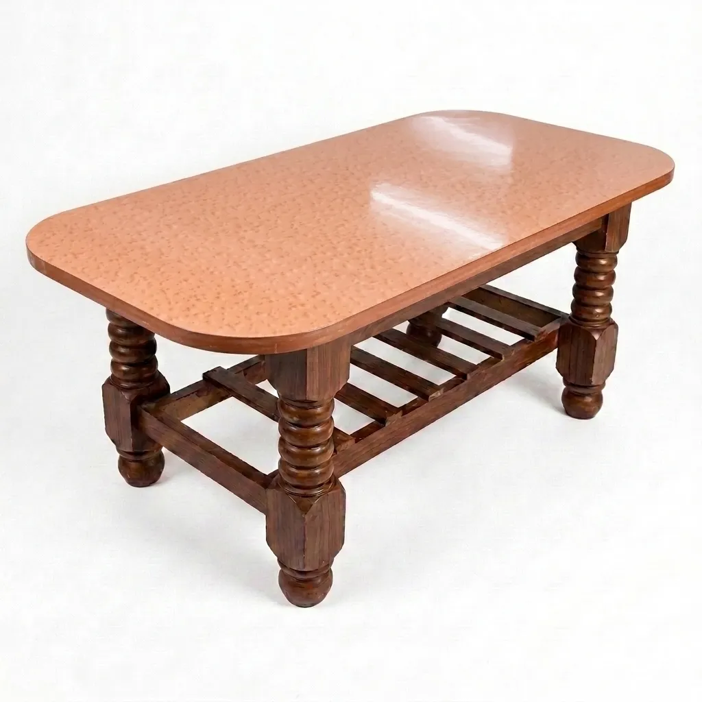 Haryana Traders Solid Wood Rectangular Teapoy Table with Glossy Peach Top & Slatted Shelf