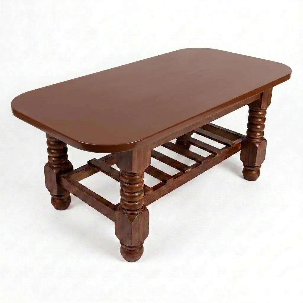 Haryana Traders Handcrafted Wooden Tea Table with Slatted Lower Shelf (Warm Chestnut Polish)