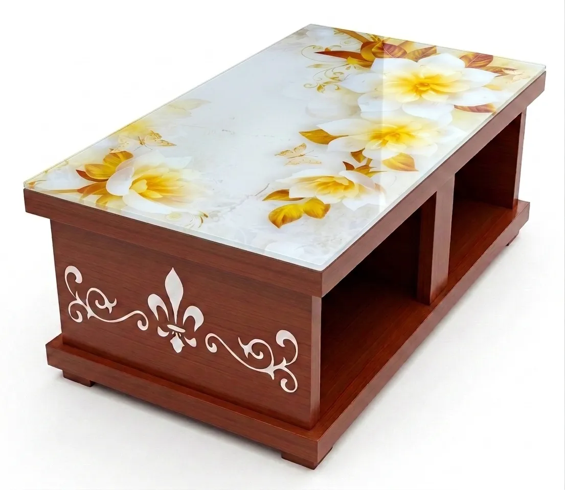 Haryana Traders Modern Box-Style Center Table / Teapoy with 3D White Blossom Floral Art & Side Motif