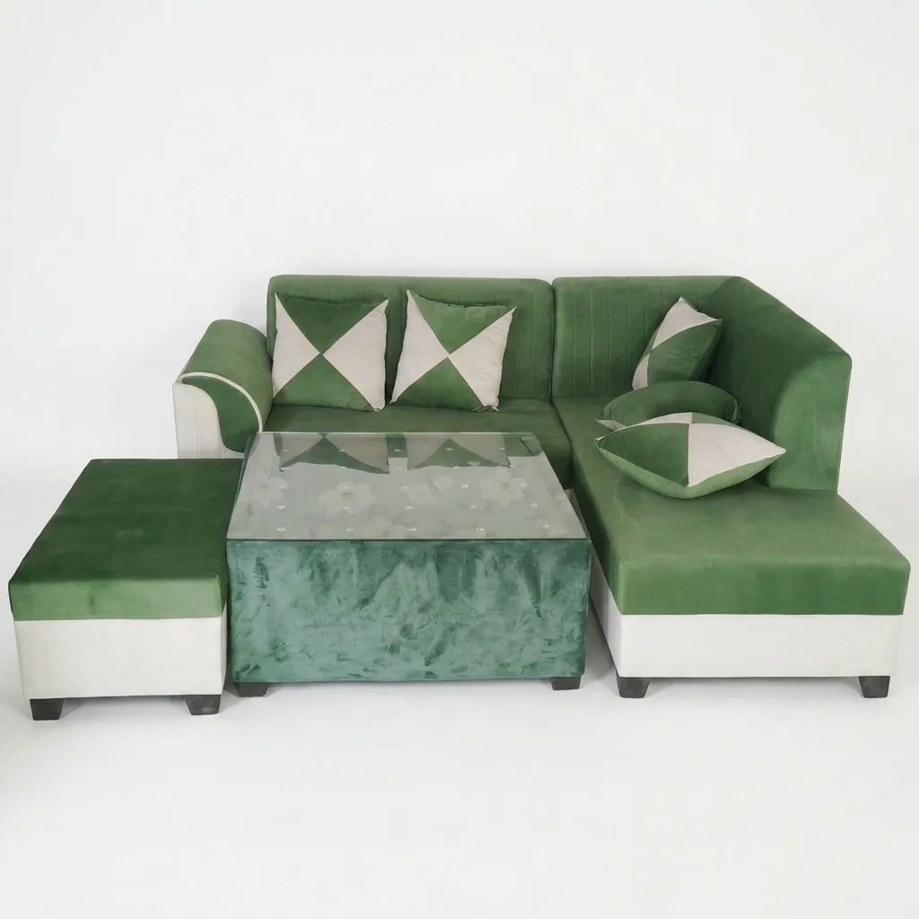 Haryana Traders L-Shaped Fabric Corner Sofa Set with Coffee Table & Ottoman Bench for Living Room