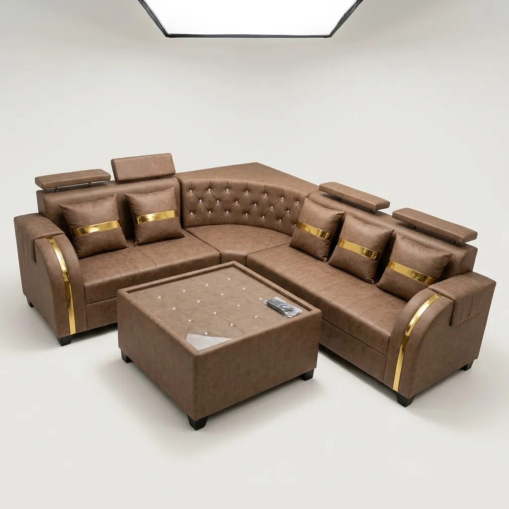 Haryana Traders Luxury L-Shape Corner Sofa Set with Tufted Coffee Table, 2 Puffies & Gold Stripe Cushions