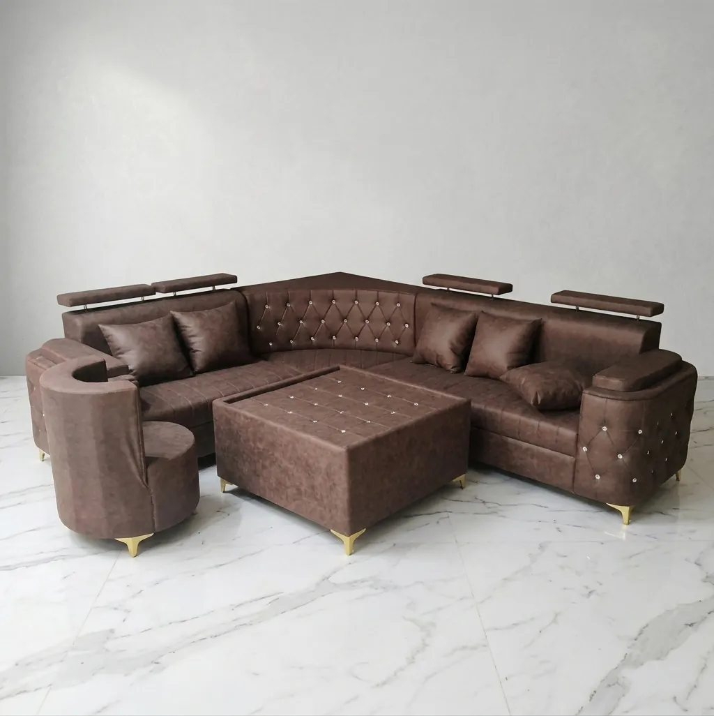 Haryana Traders 8-9 Seater Velvet Corner Sofa Set with Crystal Button Tufting & Headrests for Living Room