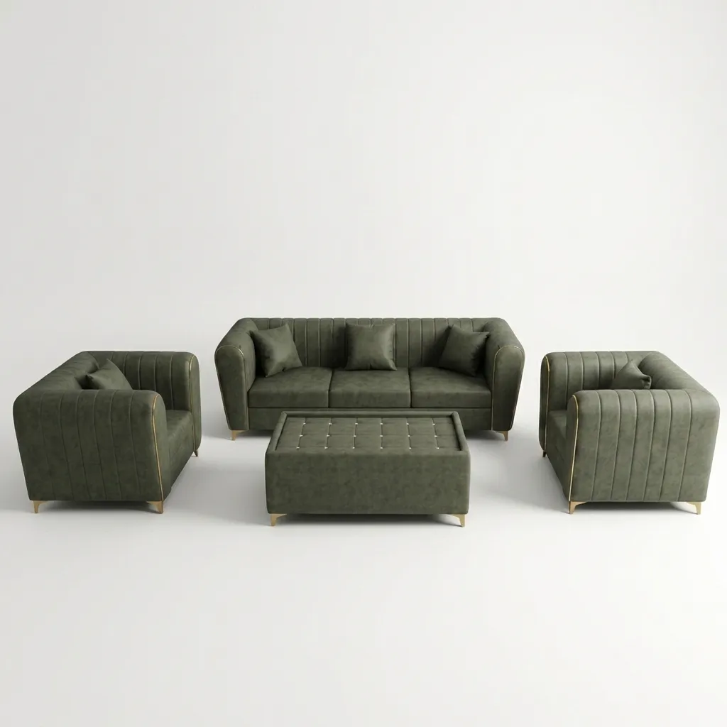 Haryana Traders Designer Vertical Ribbed 5-Seater Sofa Combo with Matching Tufted Coffee Table