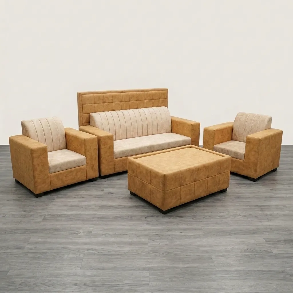 Haryana Traders Contemporary Camel Tan & Beige Living Room Sofa Combo with Upholstered Coffee Table