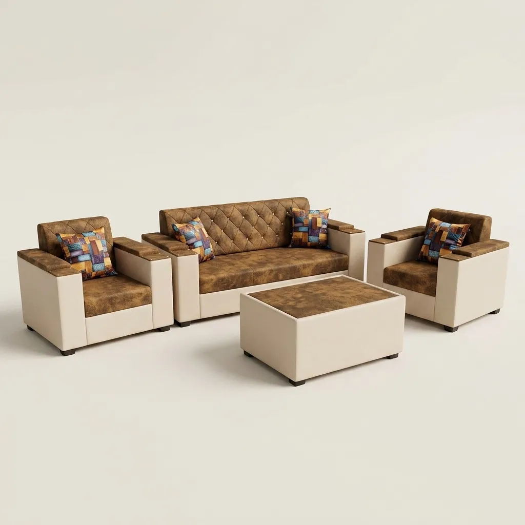 Haryana Traders Diamond Tufted 5-Seater Couch Set with Upholstered Coffee Table (Vintage Tan & Beige)