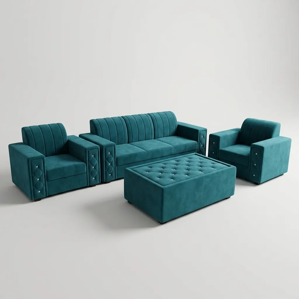 Haryana Traders Peacock Blue Diamond Crystal Tufted 3+1+1 Couch Set with Upholstered Coffee Table