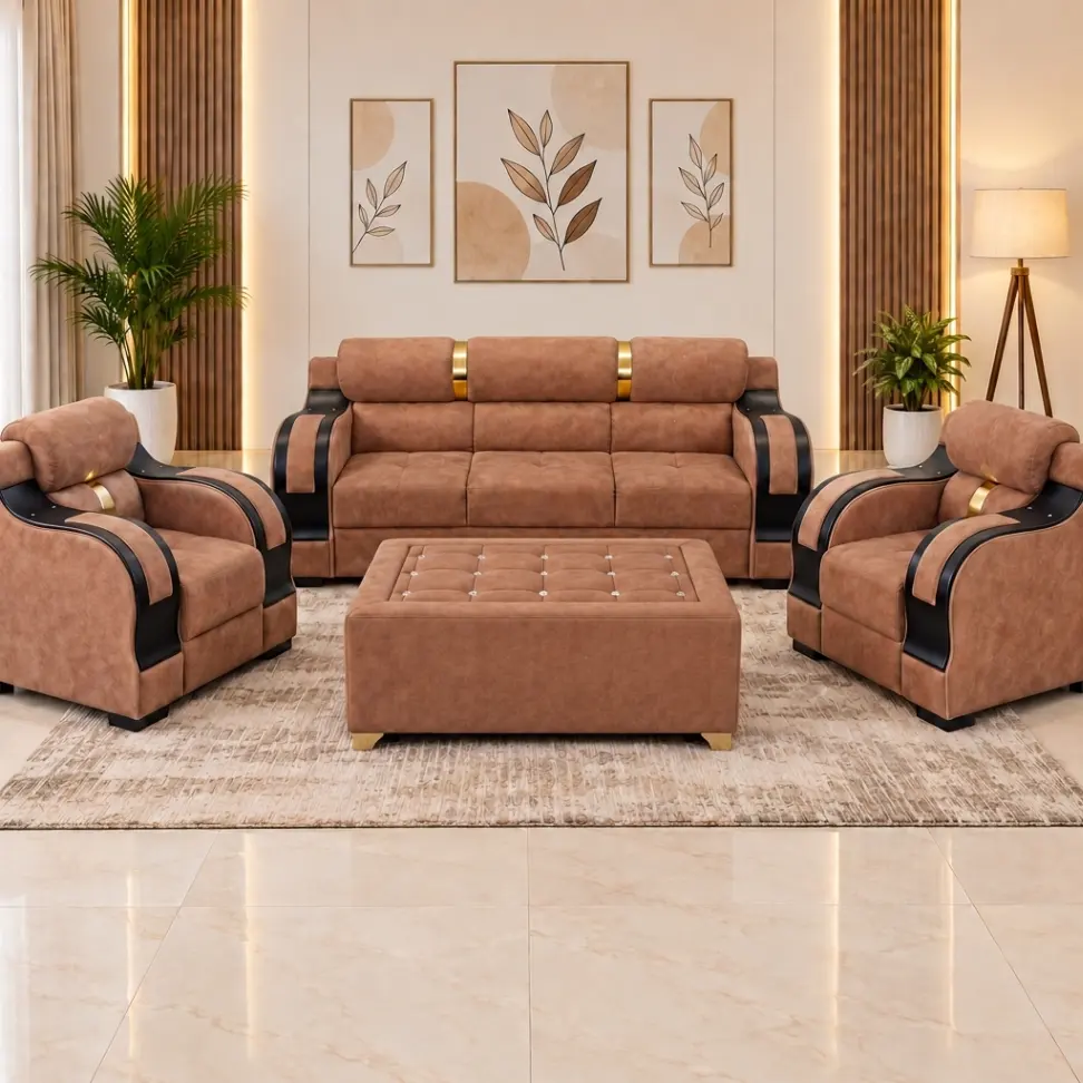 Haryana Traders Premium Fabric 5-Seater Sofa Combo with Cushioned Coffee Table | Brown