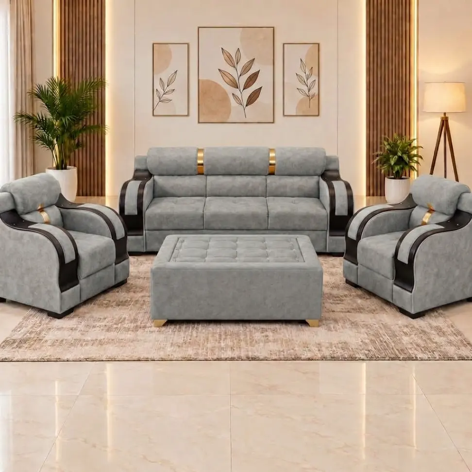 Haryana Traders Modern 3+1+1 Sofa Set with Tufted Ottoman Center Table for Living Room