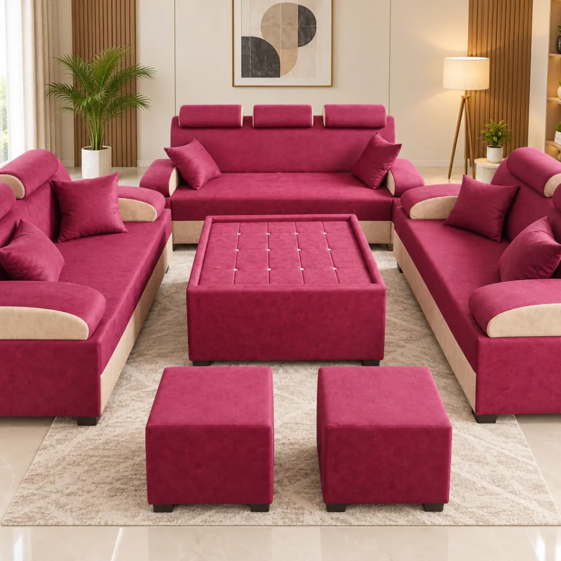 Haryana Traders Premium Magenta Fabric 9-Seater Sofa Set with Tufted Coffee Table & 2 Ottomans