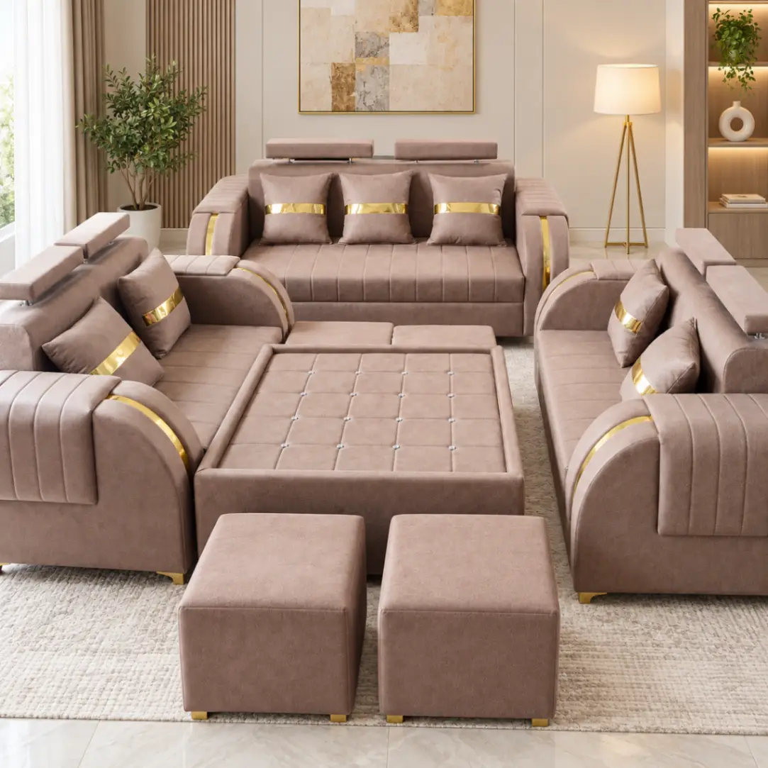 Haryana Traders Premium Beige Fabric 3+2+2 Sofa Combo with Tufted Coffee Table | Light Brown