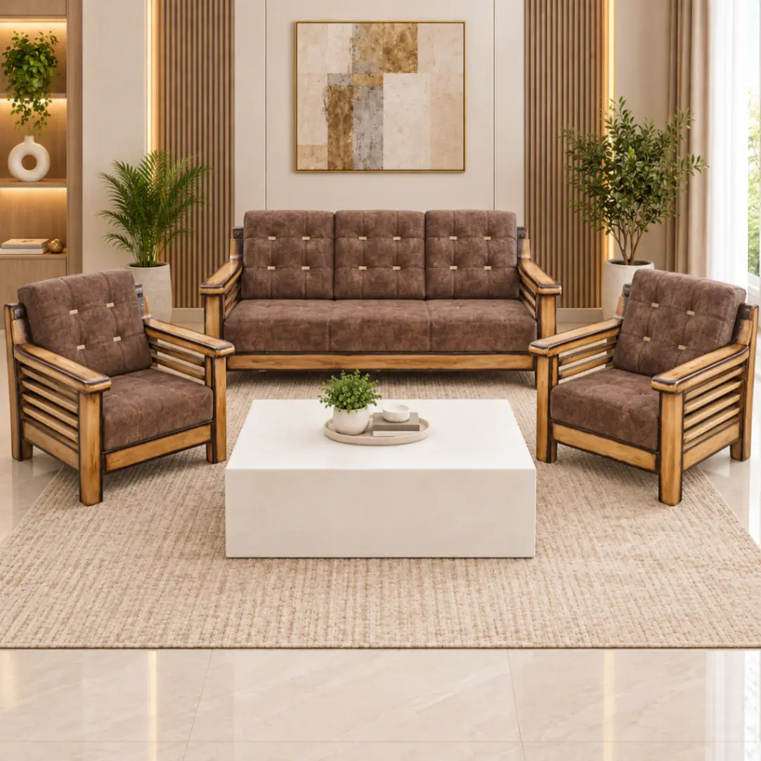 Haryana Traders Modern 3+1+1 Brown Fabric Sofa Set with White Minimalist Center Table