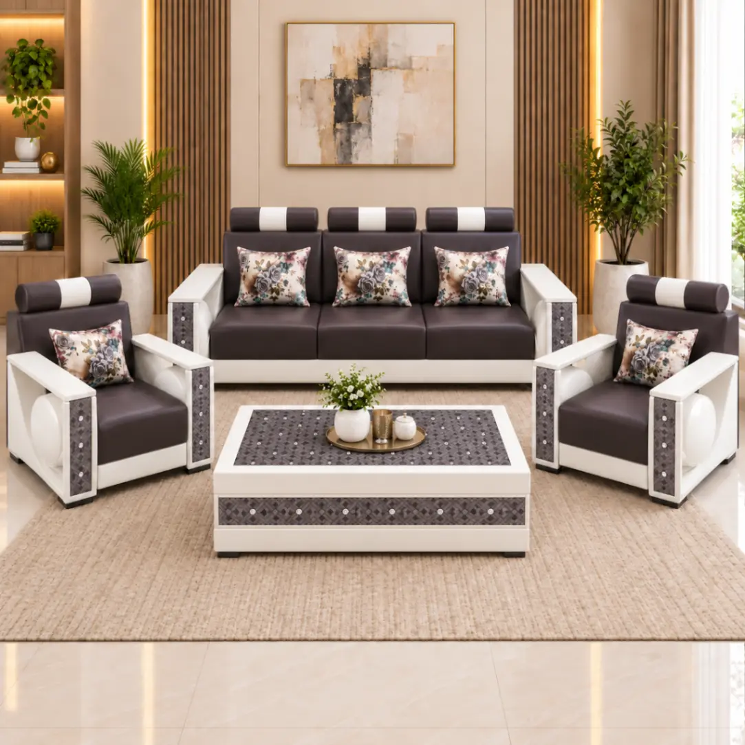 Haryana Traders Premium Dual Tone 5-Seater Leatherette Sofa Combo with Coffee Table | Brown & White