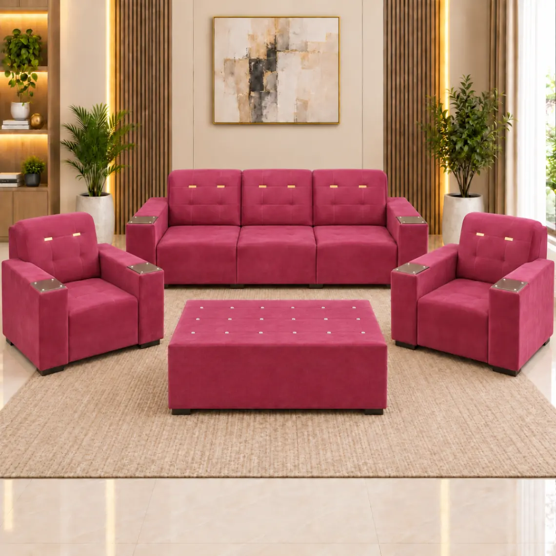 Haryana Traders Luxury 5 Seater Sofa Set (3+1+1) with Large Ottoman Center Table | Magenta