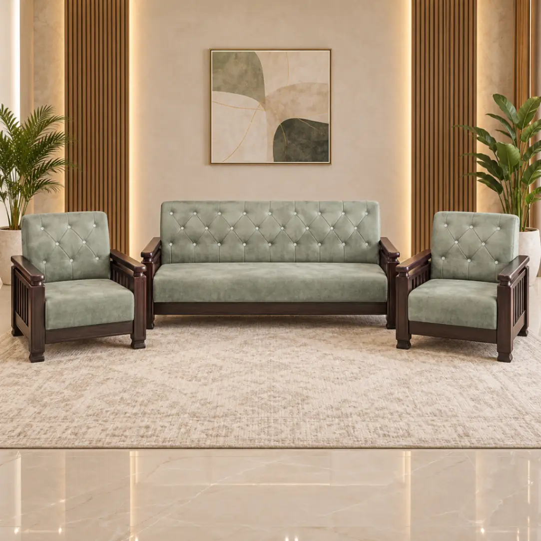 Haryana Traders Luxury 5 Seater Wooden Sofa Set (3+1+1) with Diamond Tufted Back | Sage Green