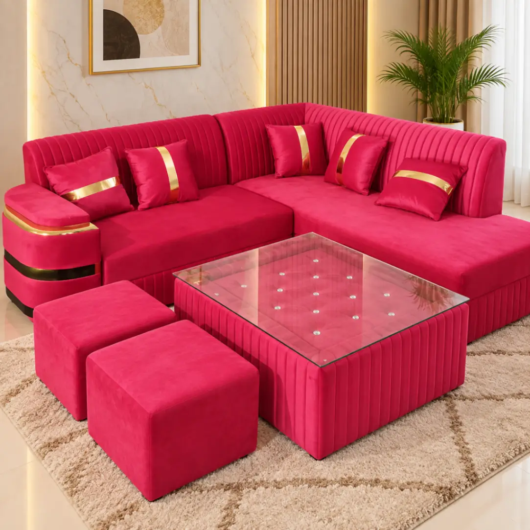 Haryana Traders Luxury L Shape Sofa Set with Glass Top Center Table and 2 Puffy Stools