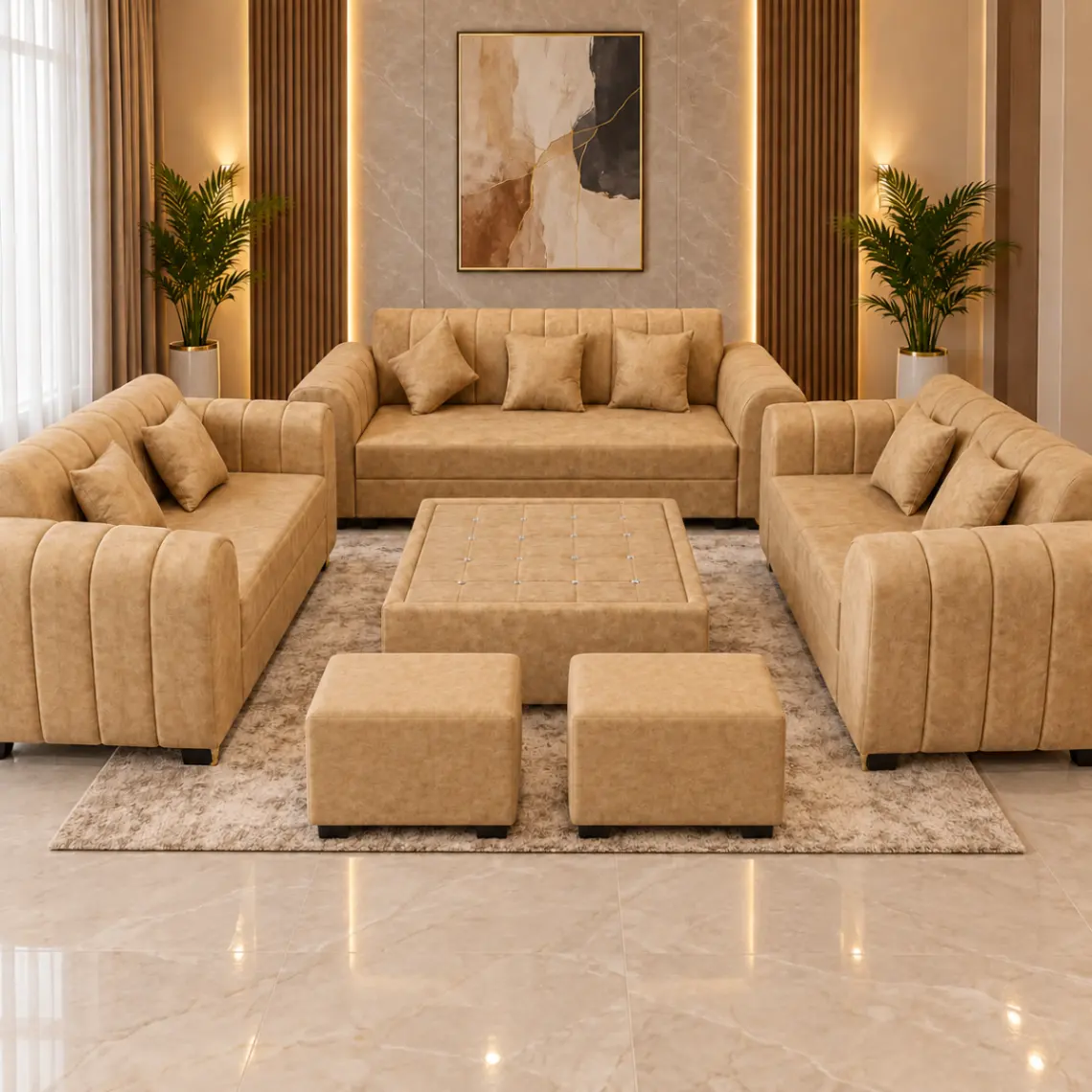 Haryana Traders Luxury 7 Seater Sofa Set (3+2+2) with Square Center Table and 2 Puffy Stools