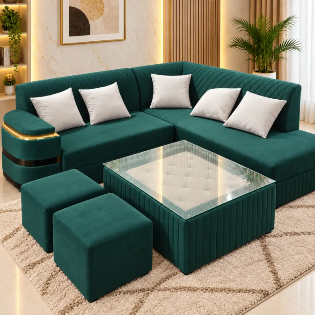 Haryana Traders Premium Dark Green Velvet L-Shaped Corner Sofa Combo with 2 Ottomans