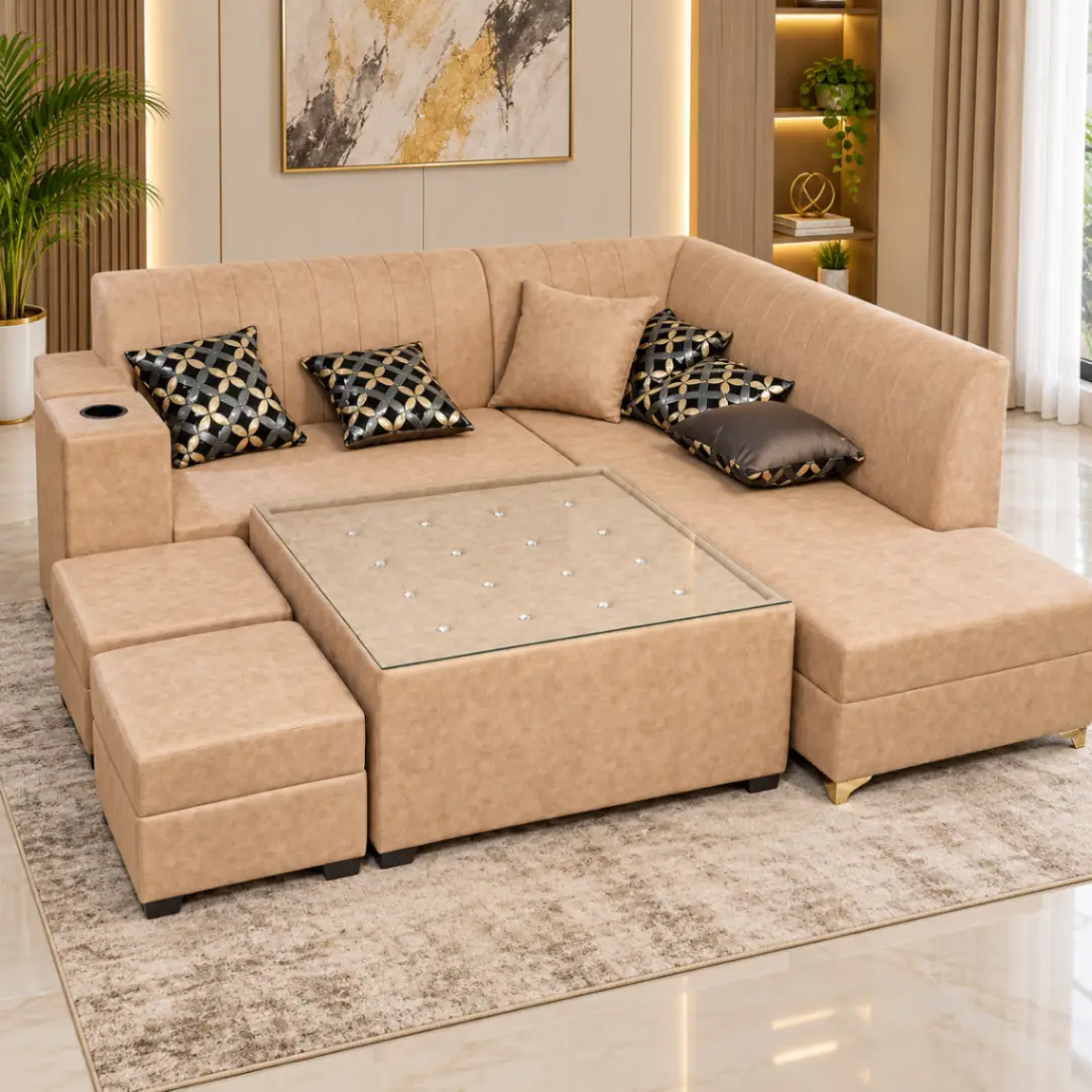 Haryana Traders Premium Beige Fabric L-Shaped Corner Sofa Combo with Cup Holder | Cream