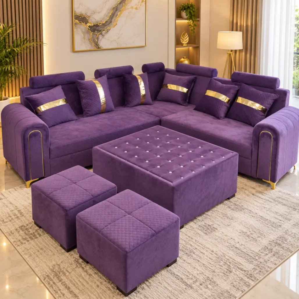 Haryana Traders Premium Purple Velvet L-Shaped Corner Sofa Combo with 2 Ottomans