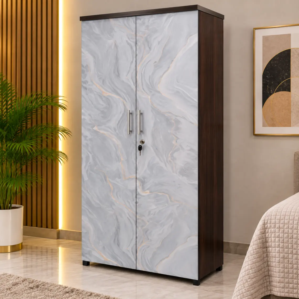 Haryana Traders Engineered Wood Clothes Cupboard with Digital Marble Print & Lock System