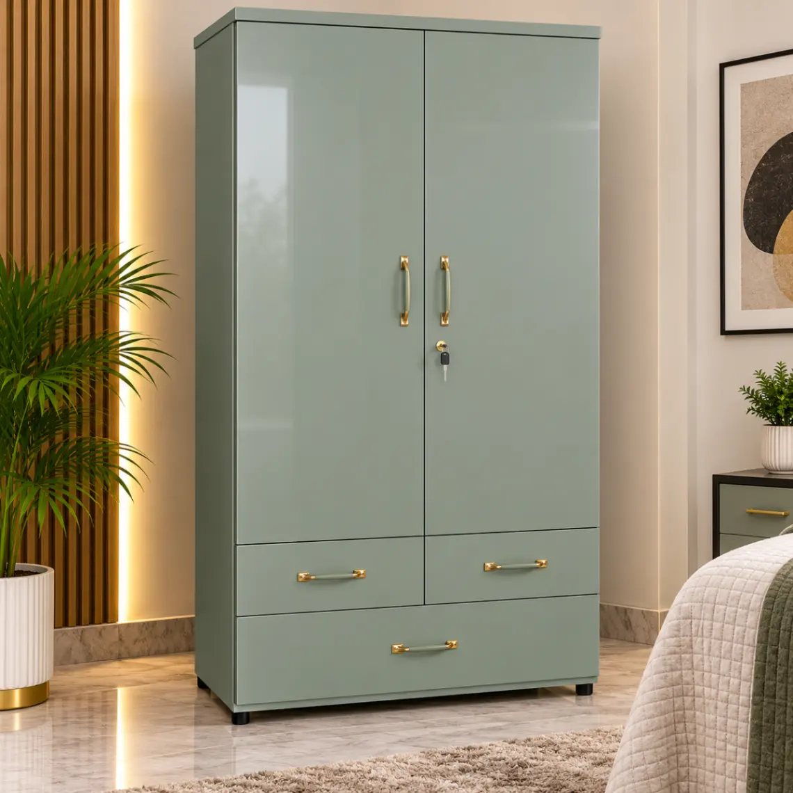 Haryana Traders Modern 2 Door Wardrobe with Luxury Gold Handles and Storage Drawers