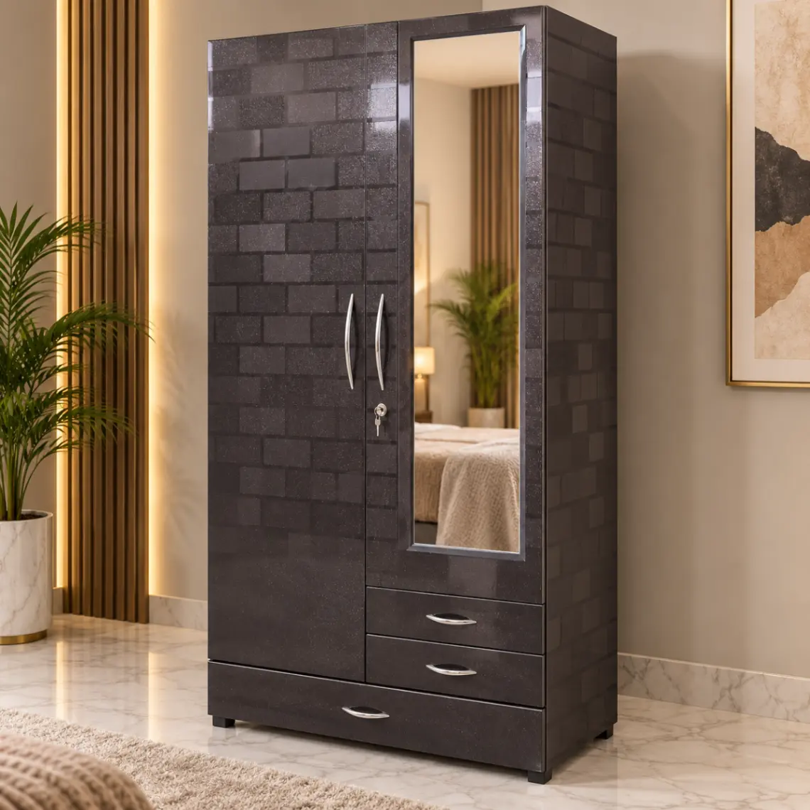Haryana Traders Modern 2 Door Wardrobe with Elegant Grey Brick Pattern Design