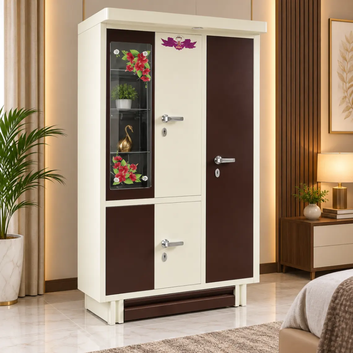 Haryana Traders Modern Triple Door Iron Wardrobe with Display Cabinet for Bedroom