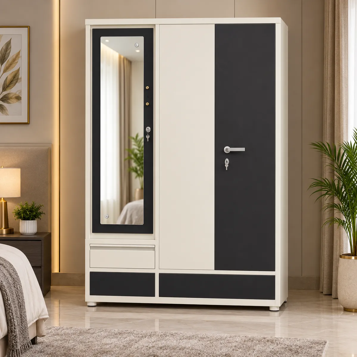 Haryana Traders Premium 3 Door Steel Almirah with Full Length Dressing Mirror & Drawer