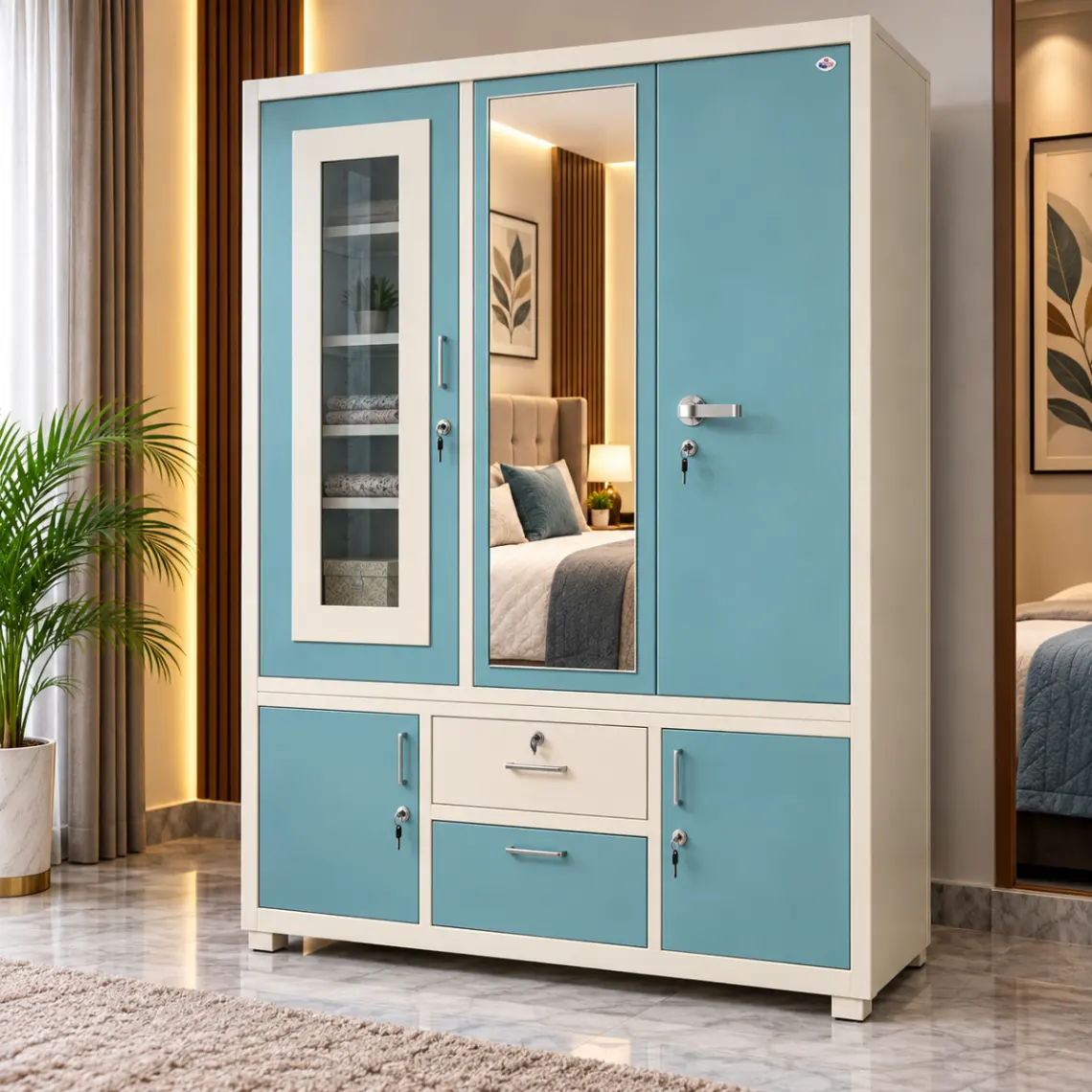 Haryana Traders Modern Triple Door Iron Wardrobe with Display Cabinet and Drawers for Bedroom