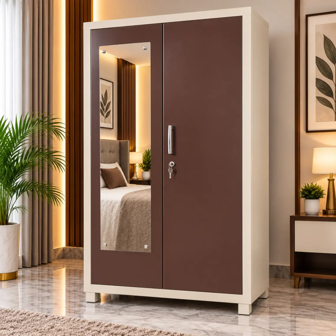 Haryana Traders Elegant Dark Brown & Cream 2-Door Steel Wardrobe for Clothes