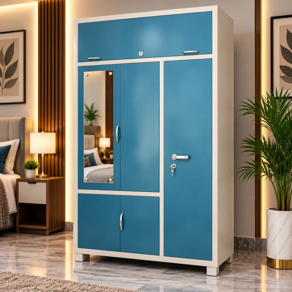 Haryana Traders Modern Triple Door Iron Wardrobe with Overhead Storage Cabinets for Bedroom