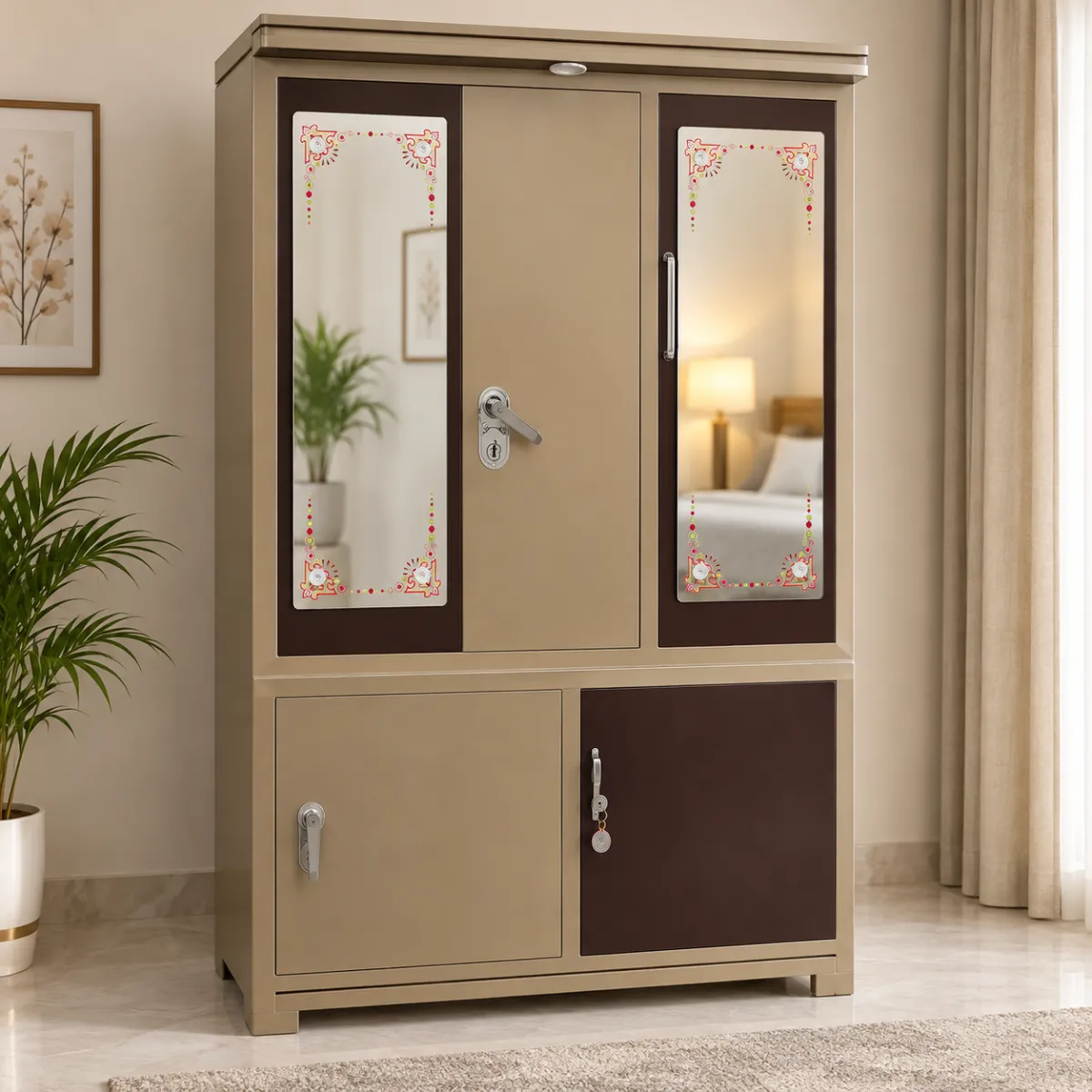 Haryana Traders Modern Triple Door Iron Wardrobe with 2 Side Mirrors & Lower Cabinets