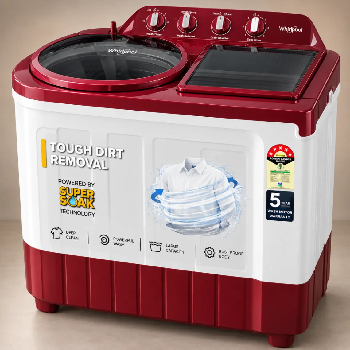Whirlpool Semi-Automatic Top Load Washing Machine – Red