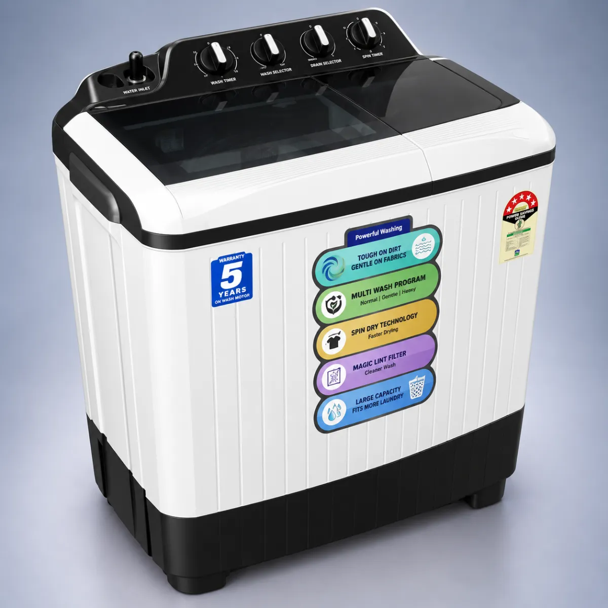 Lloyd ElanteXL 8.5 kg 5 Star Semi-Automatic Top Load Washing Machine – white black