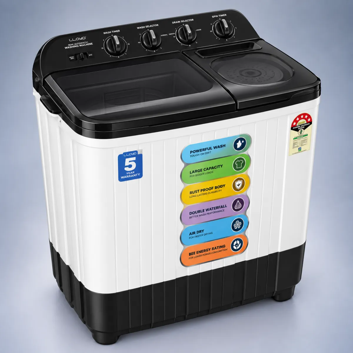 Lloyd 8 kg 5 Star Semi-Automatic Top Load Washing Machine – white & Black