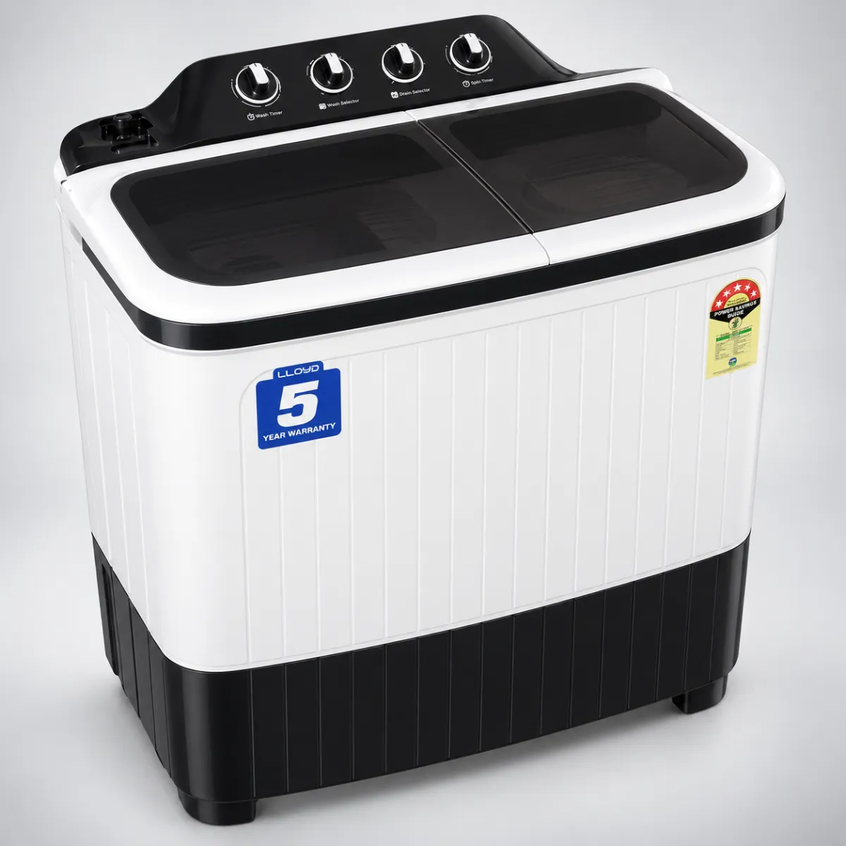Lloyd 8 kg 5 Star Semi-Automatic Top Load Washing Machine – Black & White