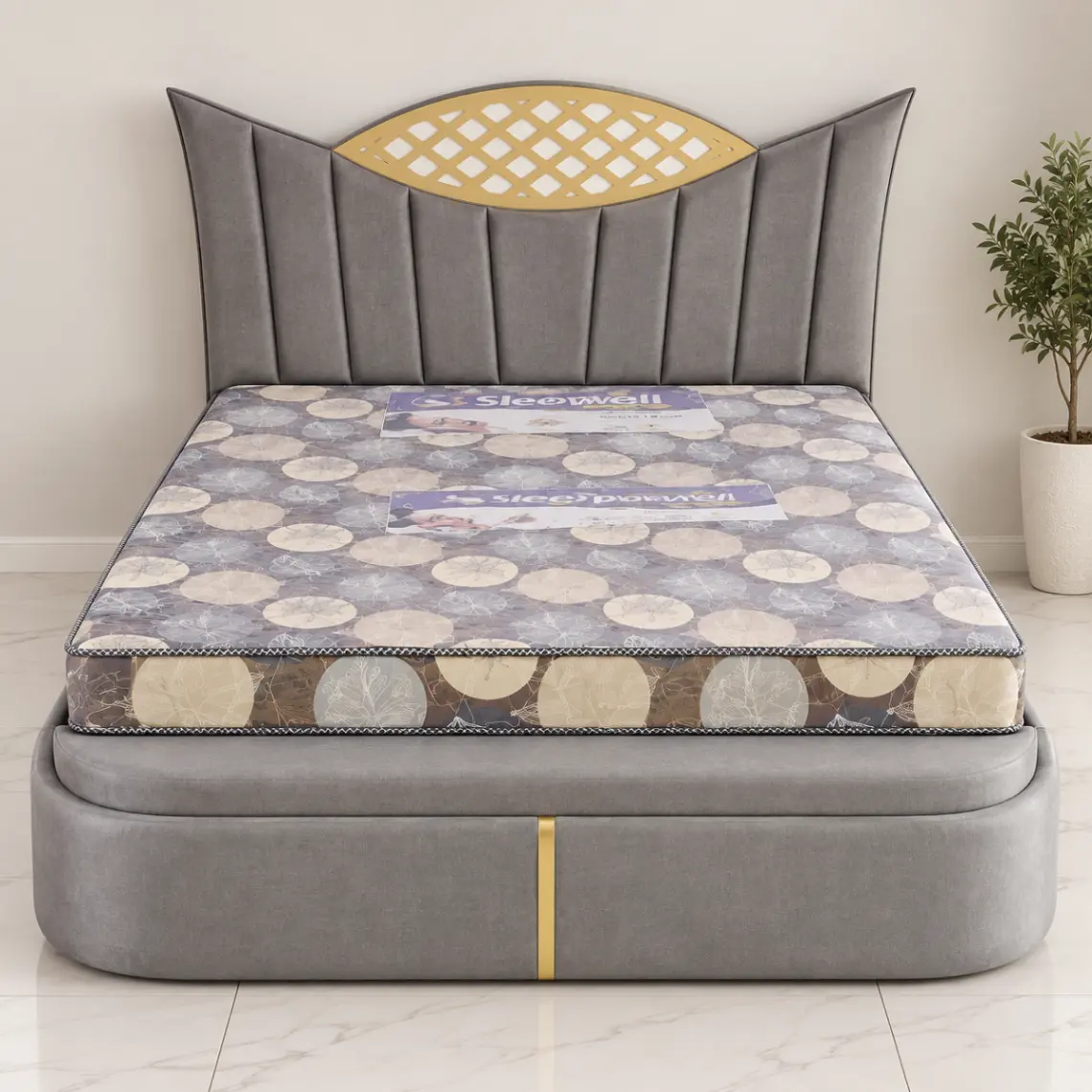 Haryana Traders Premium Upholstered Double Bed with Designer Crown Headboard