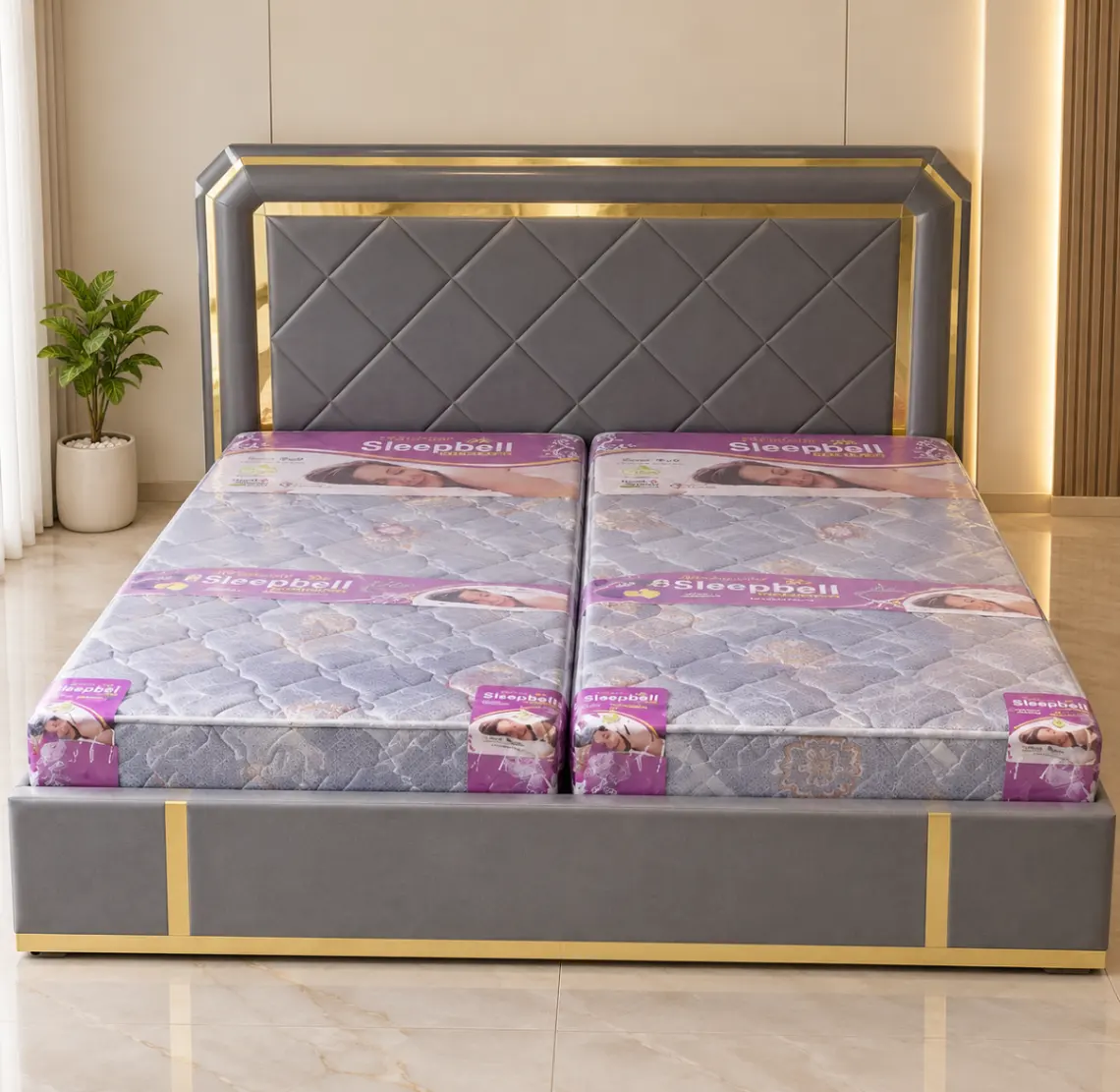 Haryana Traders Premium Grey Double Bed with Quilted Designer Headboard