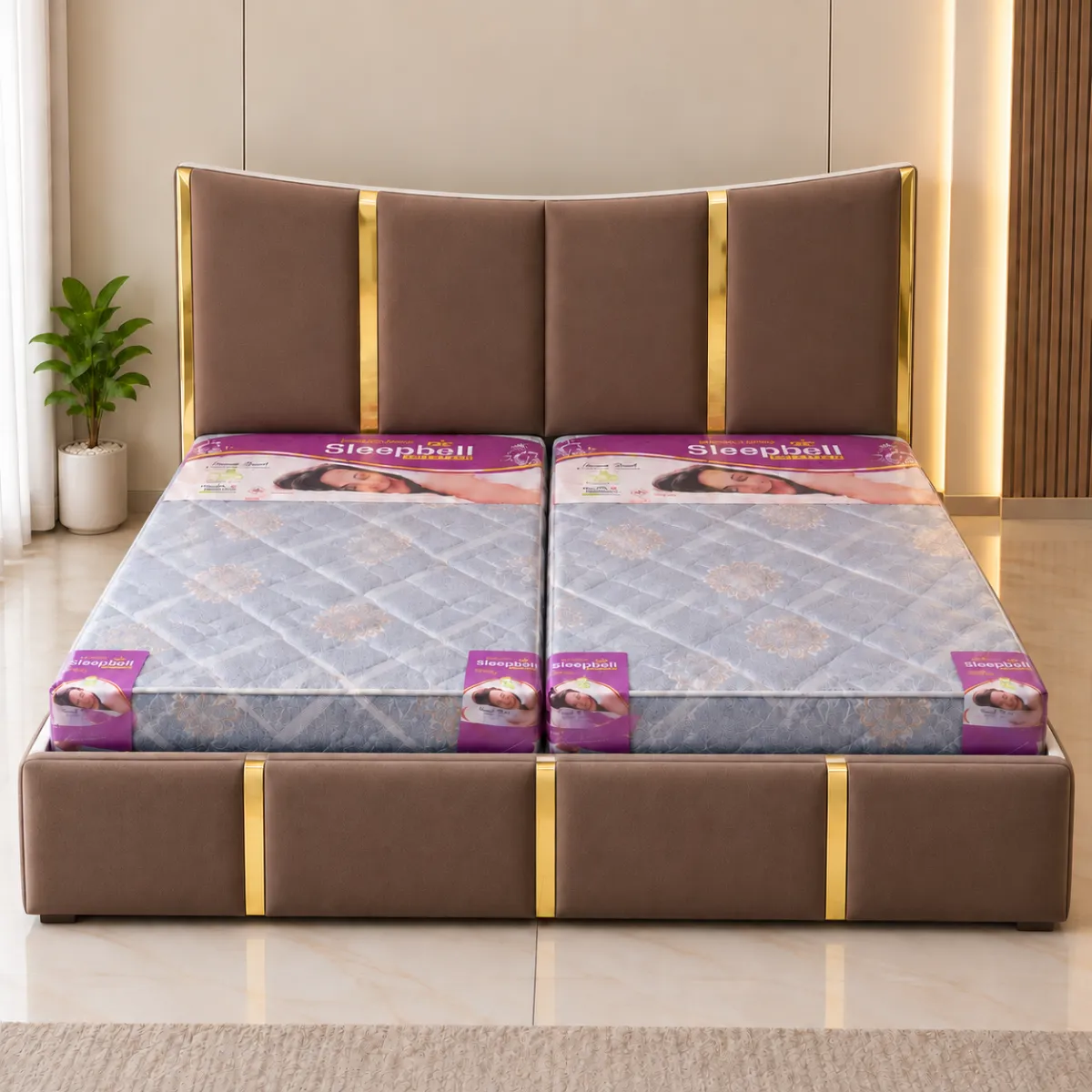 Haryana Traders Premium Brown Upholstered Double Bed with Gold Accent Headboard