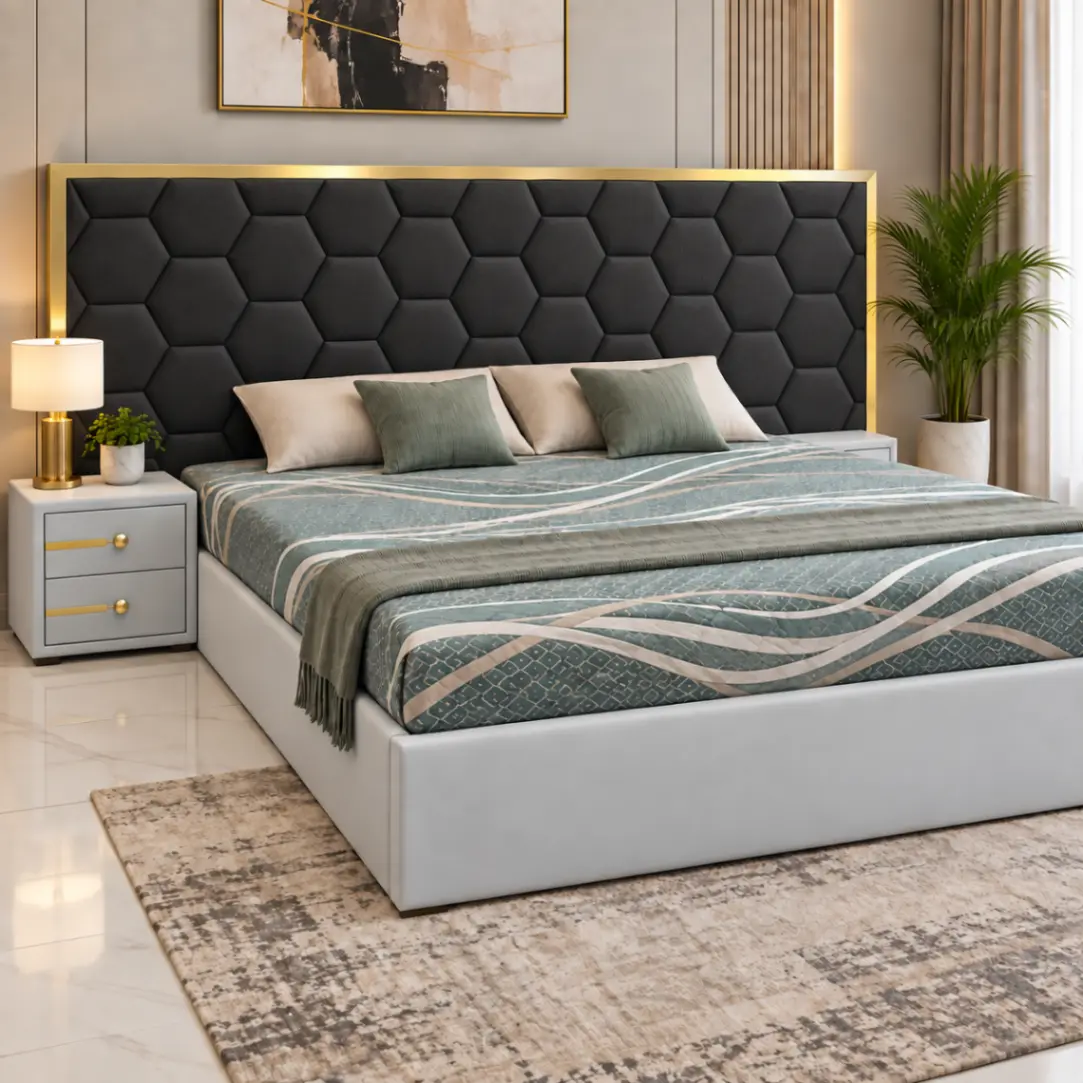 Haryana Traders Premium Grey Double Bed with Hexagon Upholstered Headboard