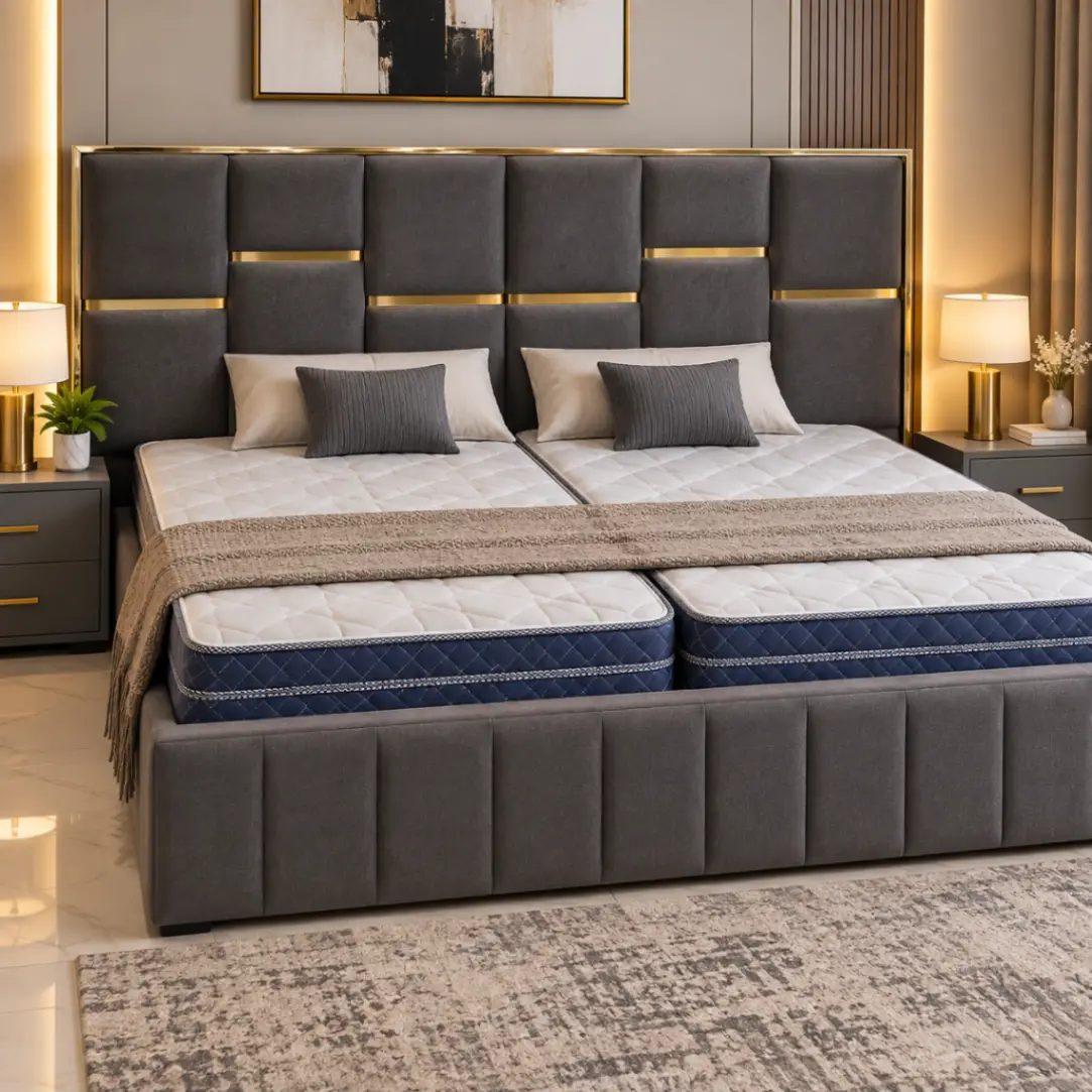 Haryana Traders Premium Dark Grey Upholstered Double Bed with Designer Panel Headboard