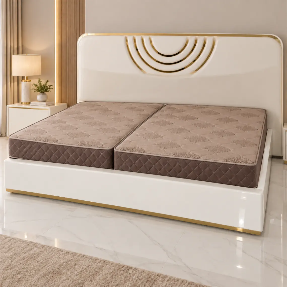 Haryana Traders Premium White Double Bed with Gold Designer Headboard