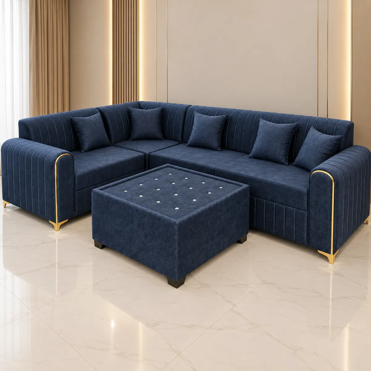 Haryana Traders Premium Navy Blue L-Shaped Sofa Set with Ottoman